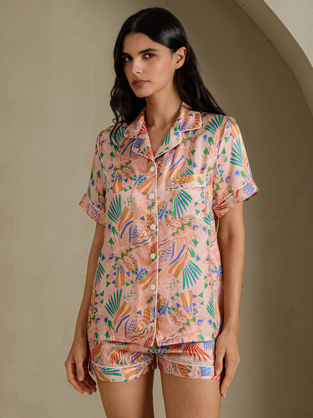 [حيوانات وردية] SilkSilky-SA Short Sleeve Notch Collar طقم بيجامة نسائي 001