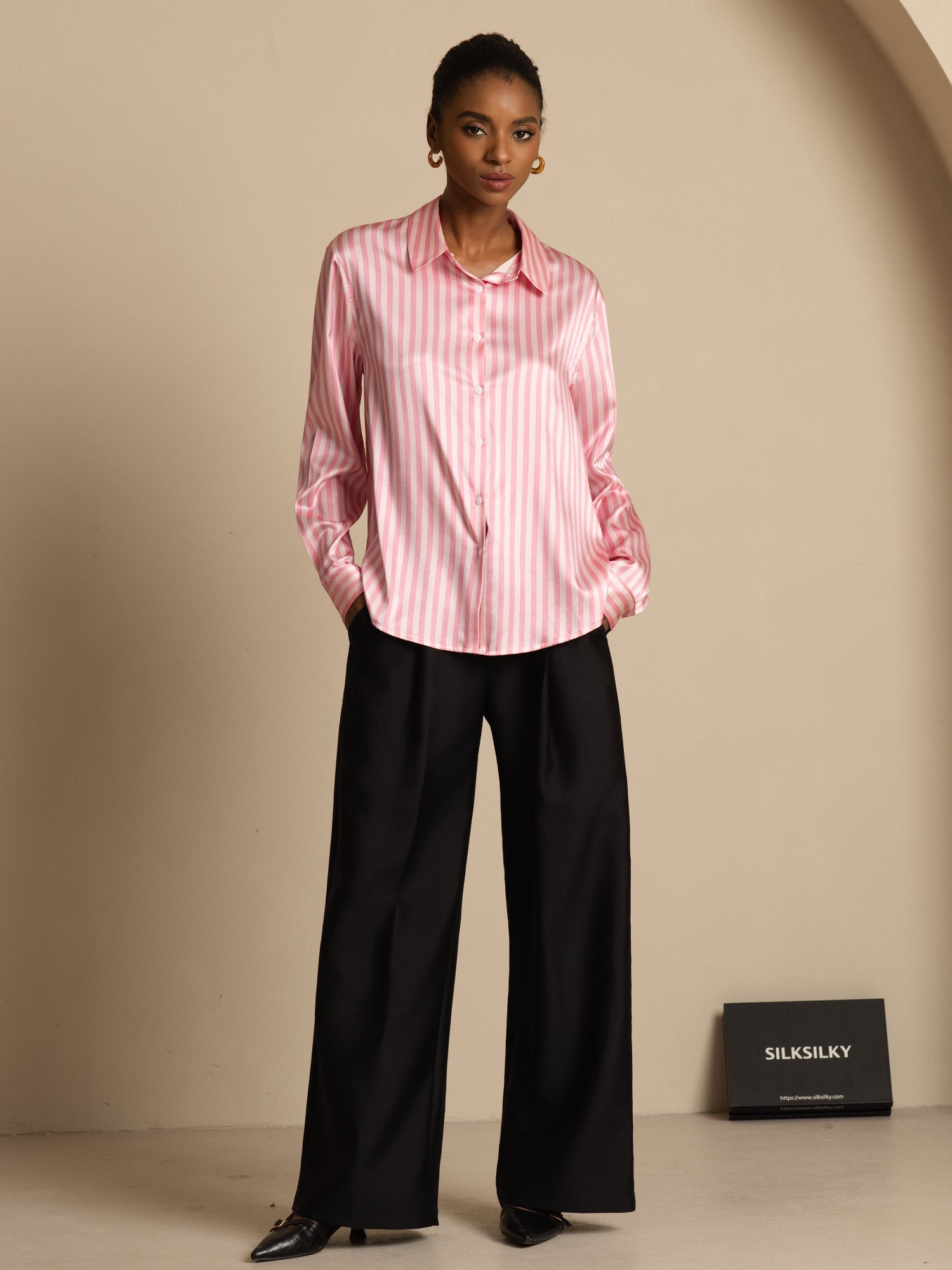 [خط وردي] SilkSilky-SA الحرير الأكمام الطويلة الياقة بلايز نسائية 005