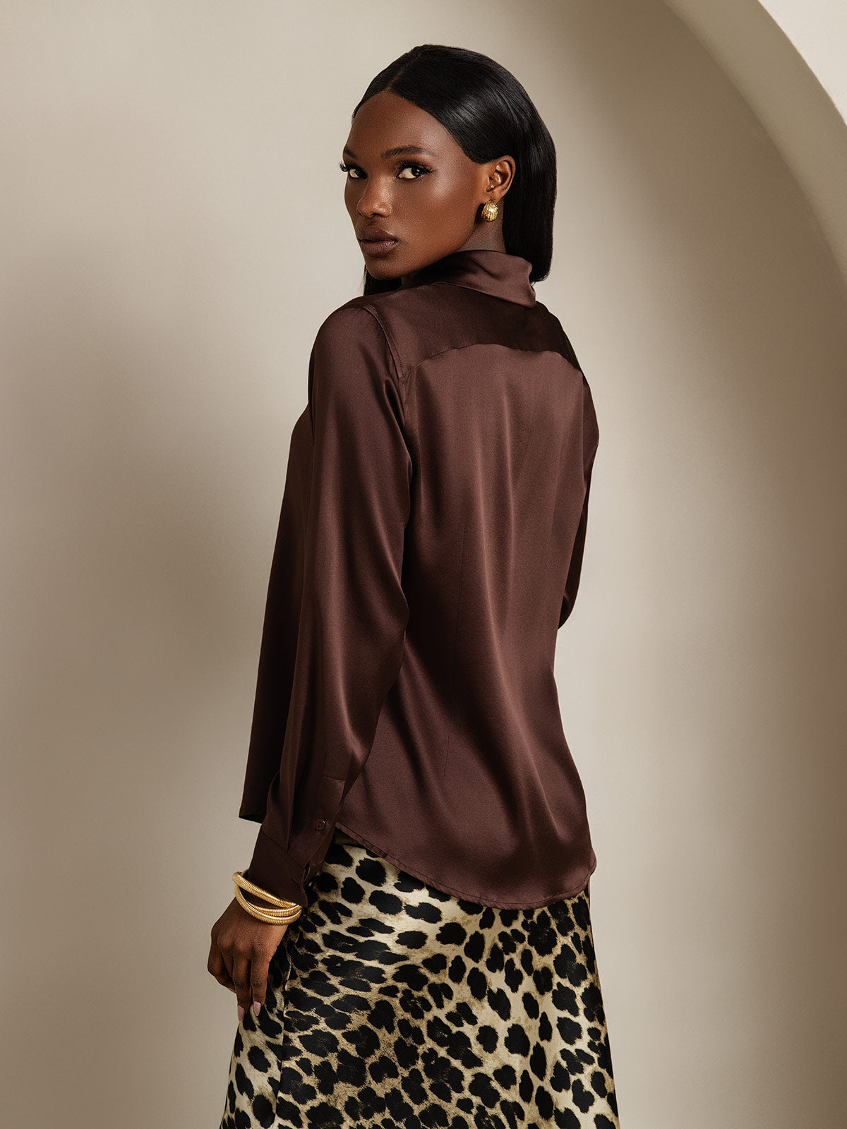 [شوكولاتة داكنة] SilkSilky-SA الحرير الأكمام الطويلة الياقة بلايز نسائية 002