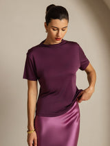 [أرجواني] SilkSilky-SA 100% Silk Jersey Short Sleeve ياقة نصف عالية تي شيرت نسائية 006