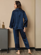[أزرق غامق] SilkSilky-SA Long Sleeve Lapel Collar طقم بيجامة نسائي 002