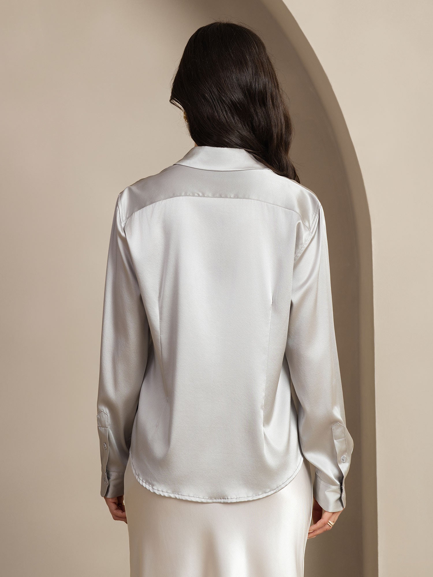 [رمادي فاتح] SilkSilky-SA الحرير Lapel Collar بلايز نسائية 002