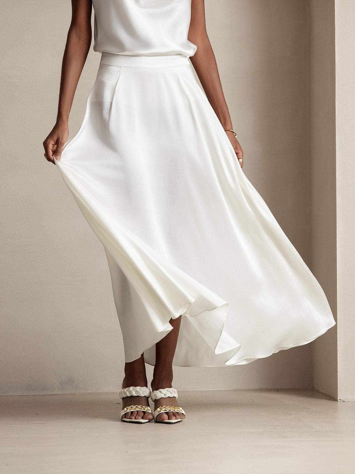 [أبيض] SilkSilky-SA 19Momme الحرير Skirt 003
