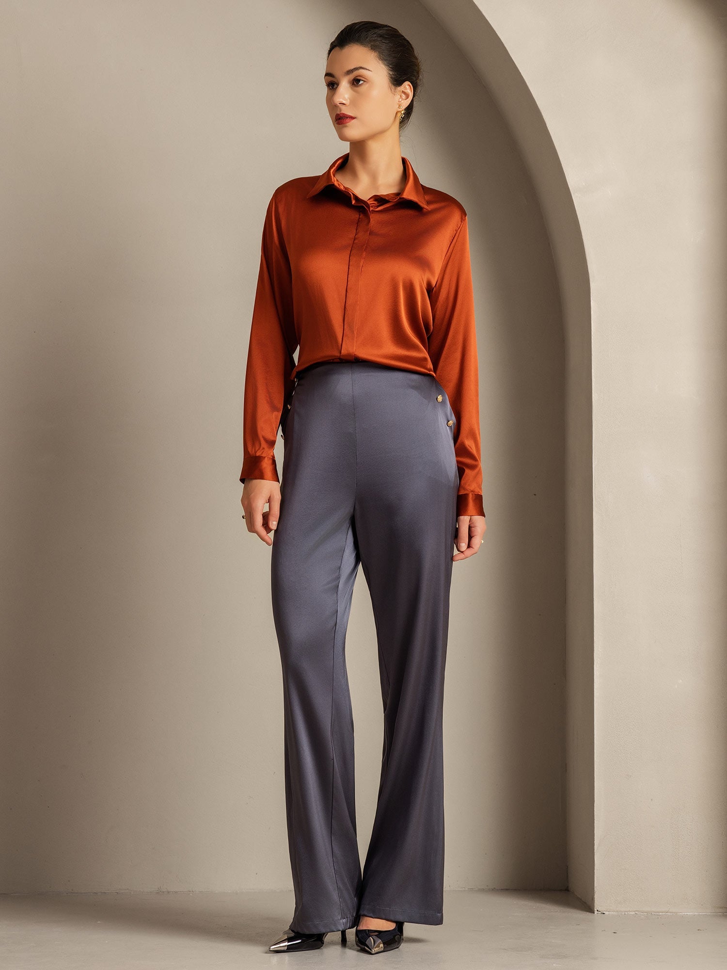 [الكراميل] SilkSilky-SA 19Momme الحرير الأكمام الطويلة Lapel Collar بلايز نسائية 009