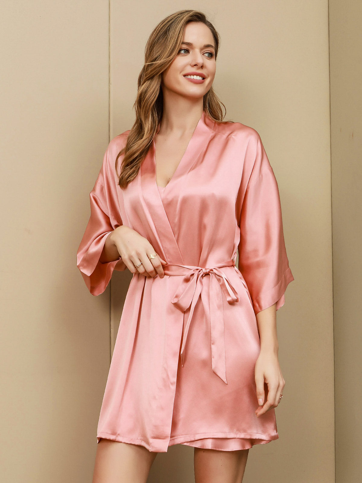 SilkSilky SA الحرير الخالص أكمام بثلاثة أرباع الأطوال Nightgown&Robe Set لونالقرنفل 003