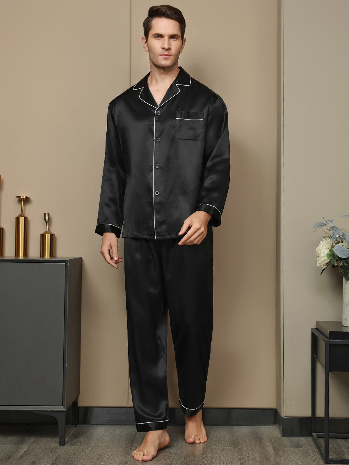 [أسود] SilkSilky-SA 19Momme الحرير الخالص Mens Pajamas 006