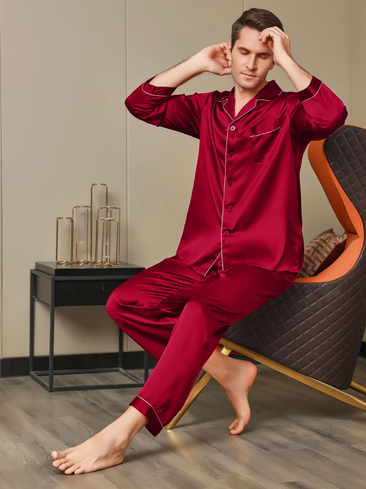 [أحمر] SilkSilky-SA 19Momme الحرير الخالص Mens Pajamas 005
