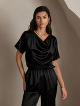 [أسود] SilkSilky-SA Short Sleeve Cowl Neck بلوزات نسائية 001