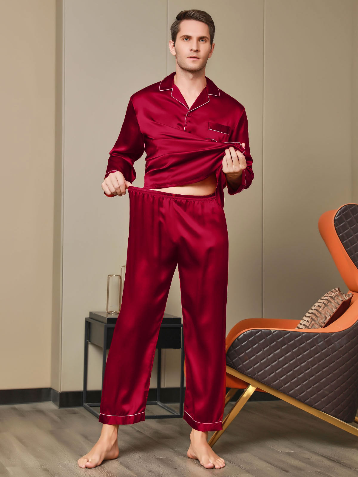 [أحمر] SilkSilky-SA 19Momme الحرير الخالص Mens Pajamas 007