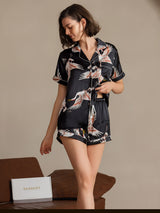 [أسود] SilkSilky-SA Short Sleeve Lapel Collar طقم بيجامة نسائي 005