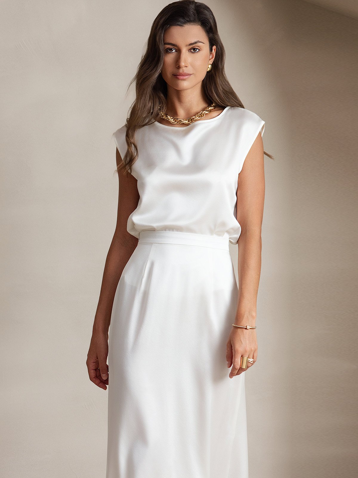 [أبيض] SilkSilky-SA 19Momme الحرير رقبة مستديرة تي شيرت نسائية 003,