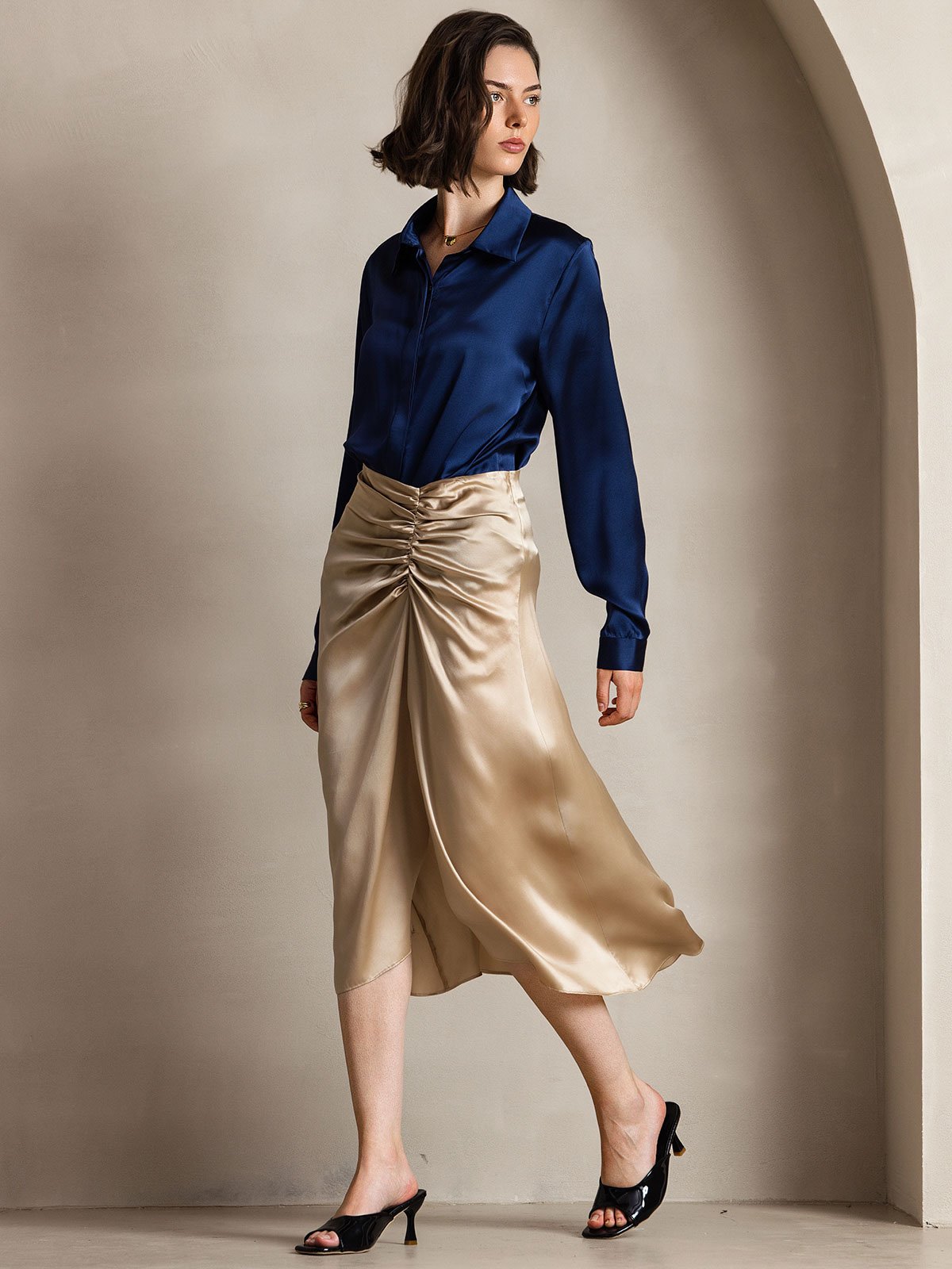 [أزرق غامق] SilkSilky-SA 19Momme الحرير الأكمام الطويلة Lapel Collar بلايز نسائية 006