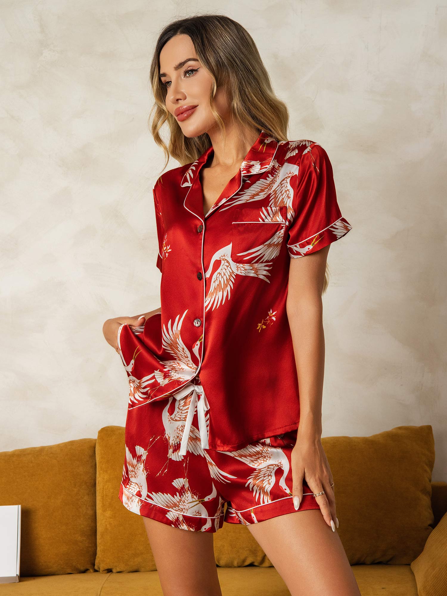 [احمر غامق] SilkSilky-SA 19Momme الحرير الخالص Womens Pajamas 005