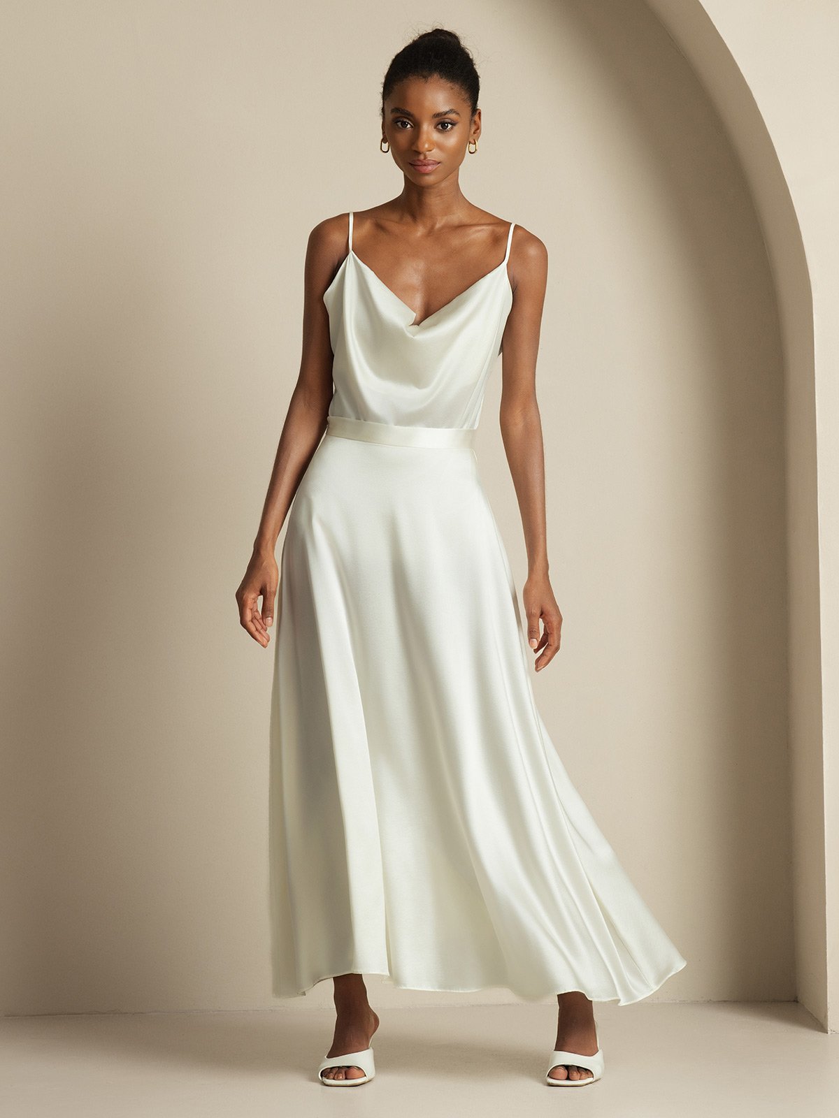 [أبيض] SilkSilky-SA 19Momme الحرير فتحة عنق بثنيات ملفوفة Women''s Outfit Sets 001,