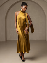 [بني] SilkSilky-SA Sleeveless Tie Neck فساتين نسائية 001