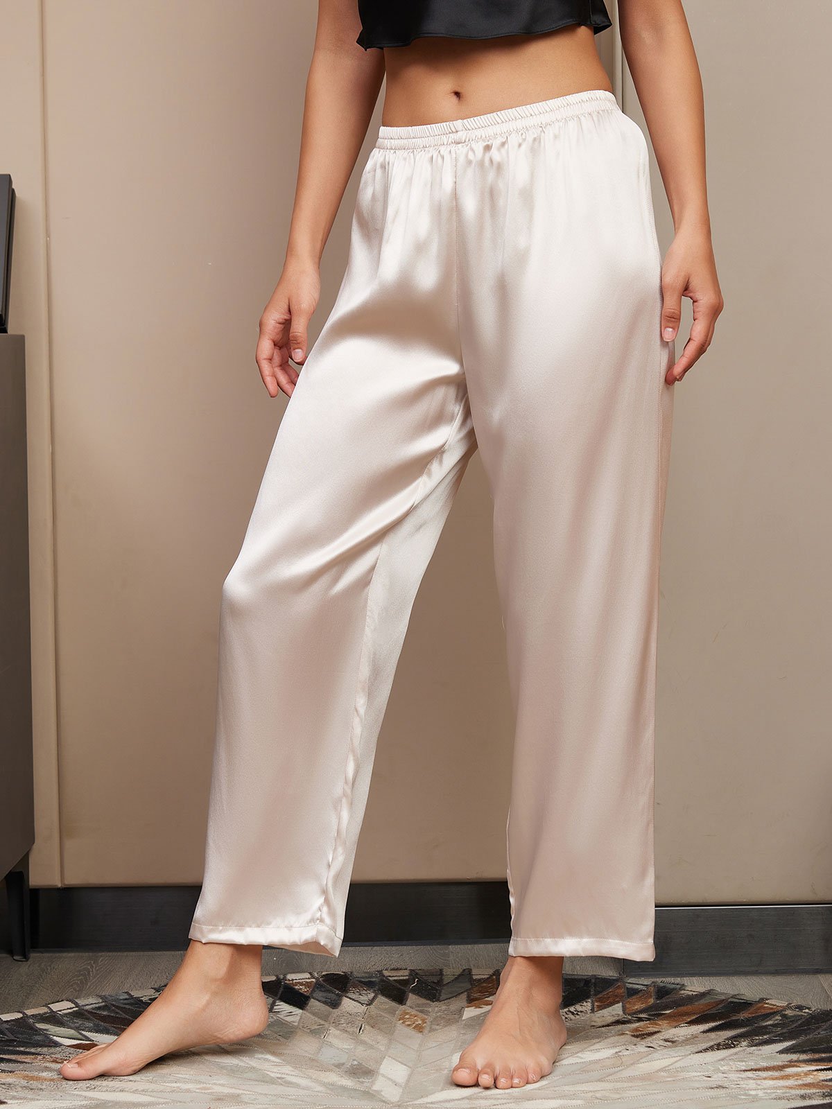[البيج الفاتح] SilkSilky-SA الحرير الخالص Womens Sleep Bottoms 003