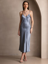 [أزرق رمادي] SilkSilky-SA Sleeveless V Neck فساتين نسائية 005