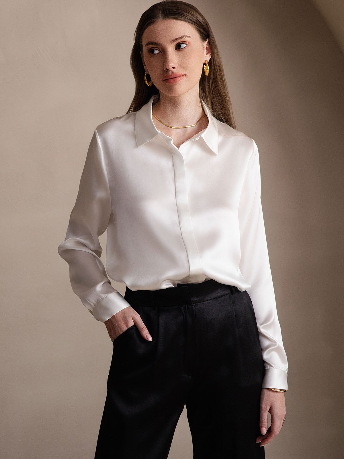 [أبيض] SilkSilky-SA 19Momme الحرير Lapel Collar بلايز نسائية 005