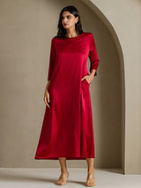 [خمر] SilkSilky-SA 3/4 Sleeve Round Neck فساتين نسائية 001