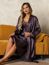 [رمادي أرجواني] SilkSilky-SA Long Sleeve V Neck رداء الحمام وقميص النوم 008