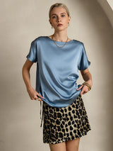 [أزرق رمادي] SilkSilky-SA Short Sleeve Boat Neck تي شيرت نسائية 001