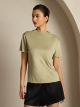 [عشبة مجففة] SilkSilky-SA 100% Silk Jersey Short Sleeve ياقة نصف عالية تي شيرت نسائية 001