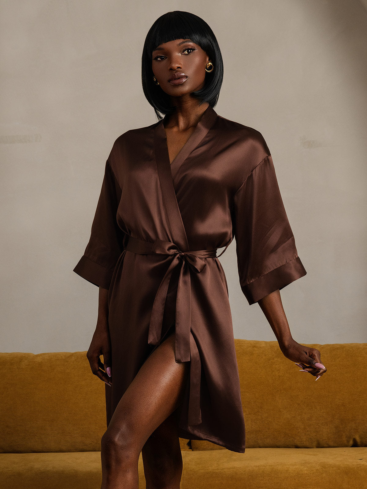 [قهوة] SilkSilky-SA الحرير الخالص Womens Robe 006