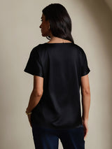 [أسود] SilkSilky-SA Short Sleeve Boat Neck تي شيرت نسائية 002