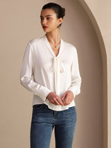 [أبيض] SilkSilky-SA Long Sleeve Tie Neck بلوزات نسائية 005