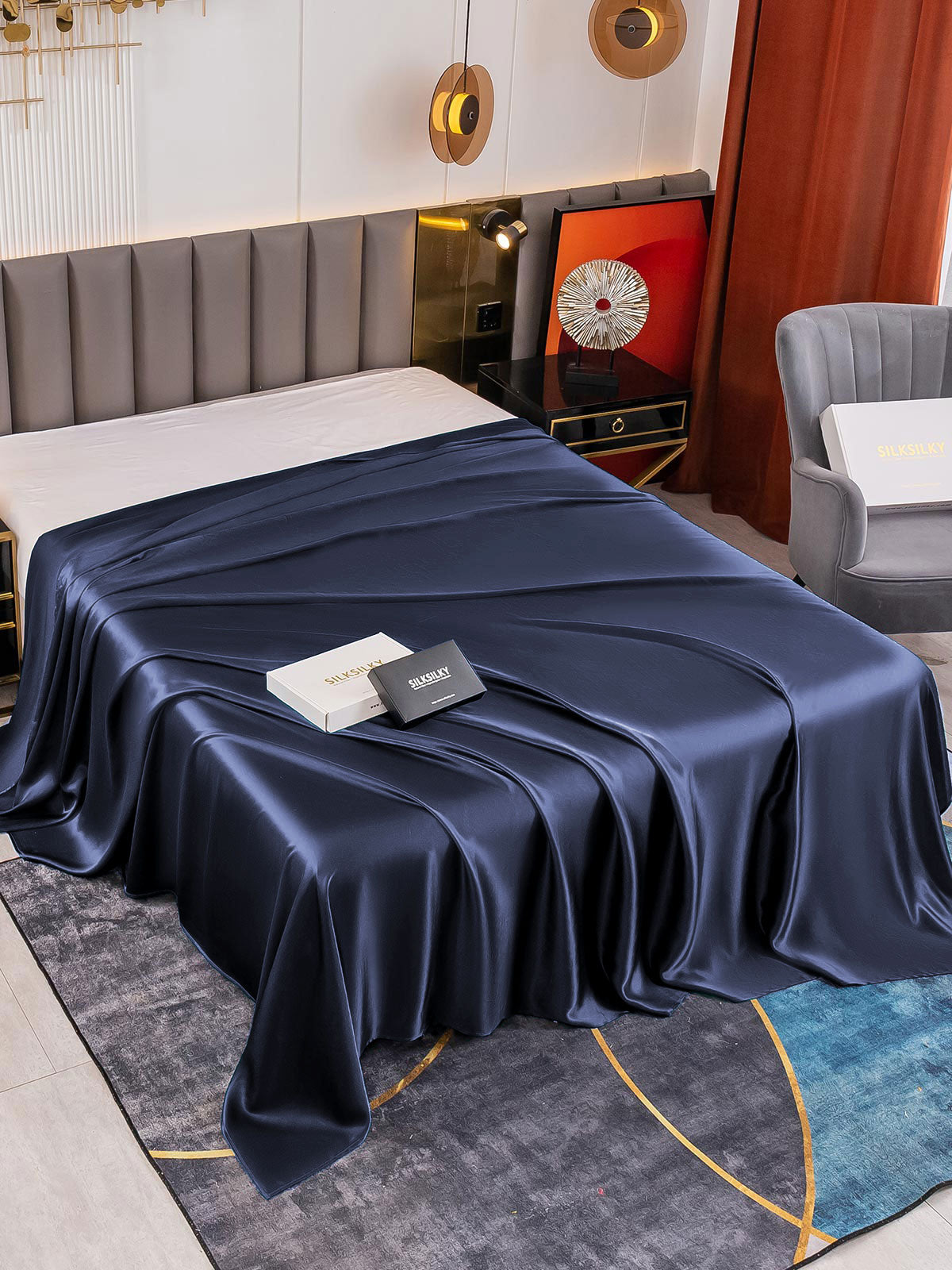 [أزرق غامق] SilkSilky-SA 19Momme غطاء السرير 001