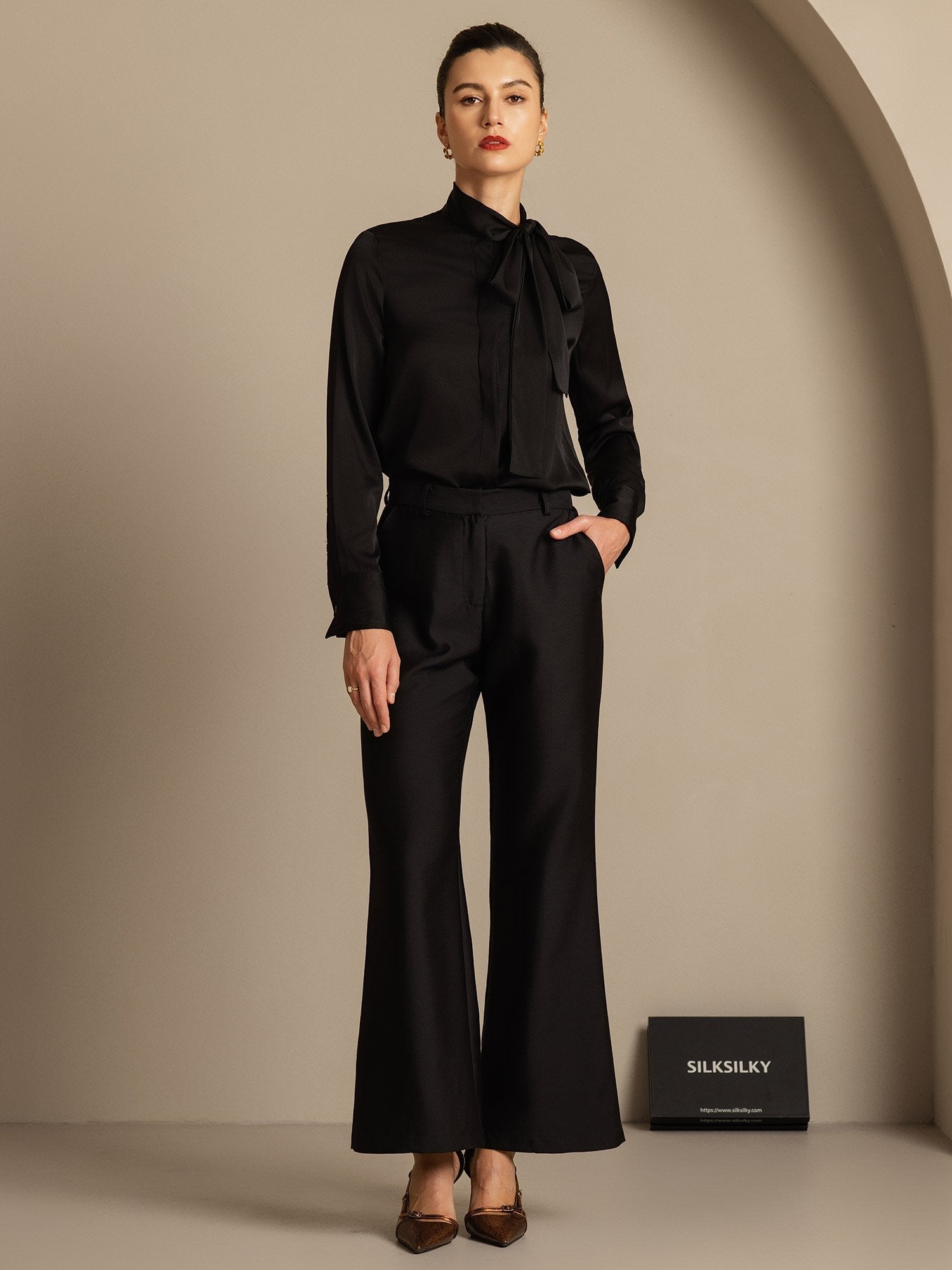 [أسود] SilkSilky-SA 32Momme الحرير Womens Pants 007,