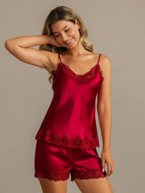 [خمر] SilkSilky-SA الأشرطة السباغيتي V Neck مجموعة قميص قصير 001