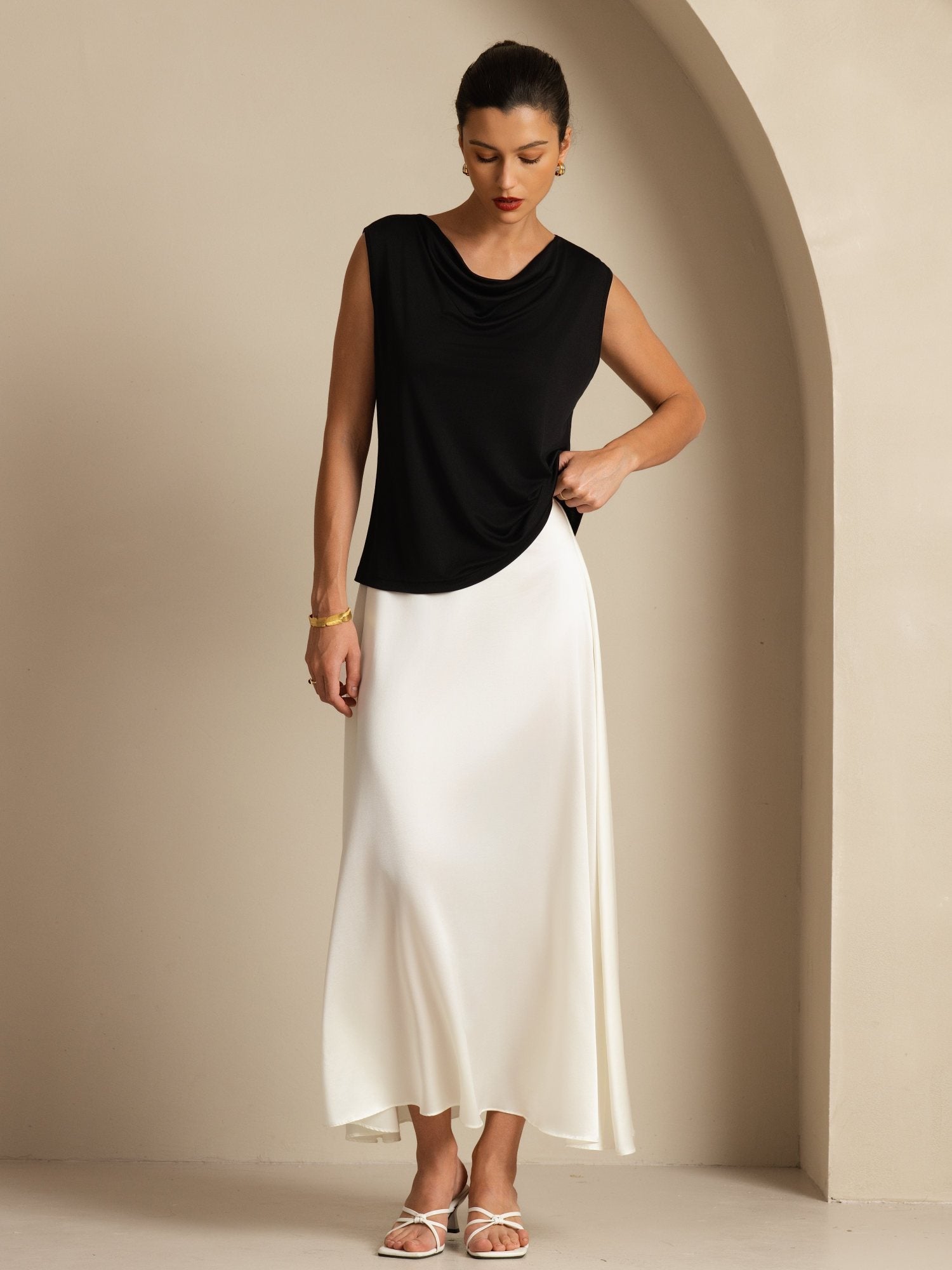 [أسود] SilkSilky-SA بدون أكمام ياقة متدلية تي شيرت نسائية 008