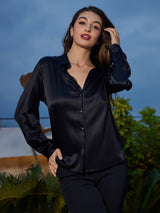 [أسود] SilkSilky-SA Long Sleeve Lapel Collar بلايز نسائية 005
