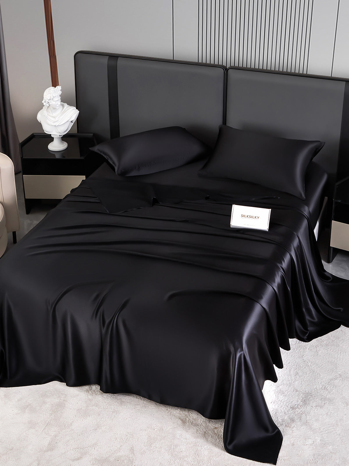 SilkSilky SA 22Momme الحرير الخالص Bedding Set أسود 002