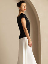 [أسود] SilkSilky-SA Cap Sleeve Cowl Neck تي شيرت نسائية 002