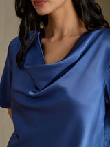[أزرق بترولي حقيقي] SilkSilky-SA Short Sleeve Cowl Neck بلوزات نسائية 004