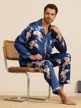[أزرق غامق] SilkSilky-SA Long Sleeve Lapel Collar بيجامة رجالية 001