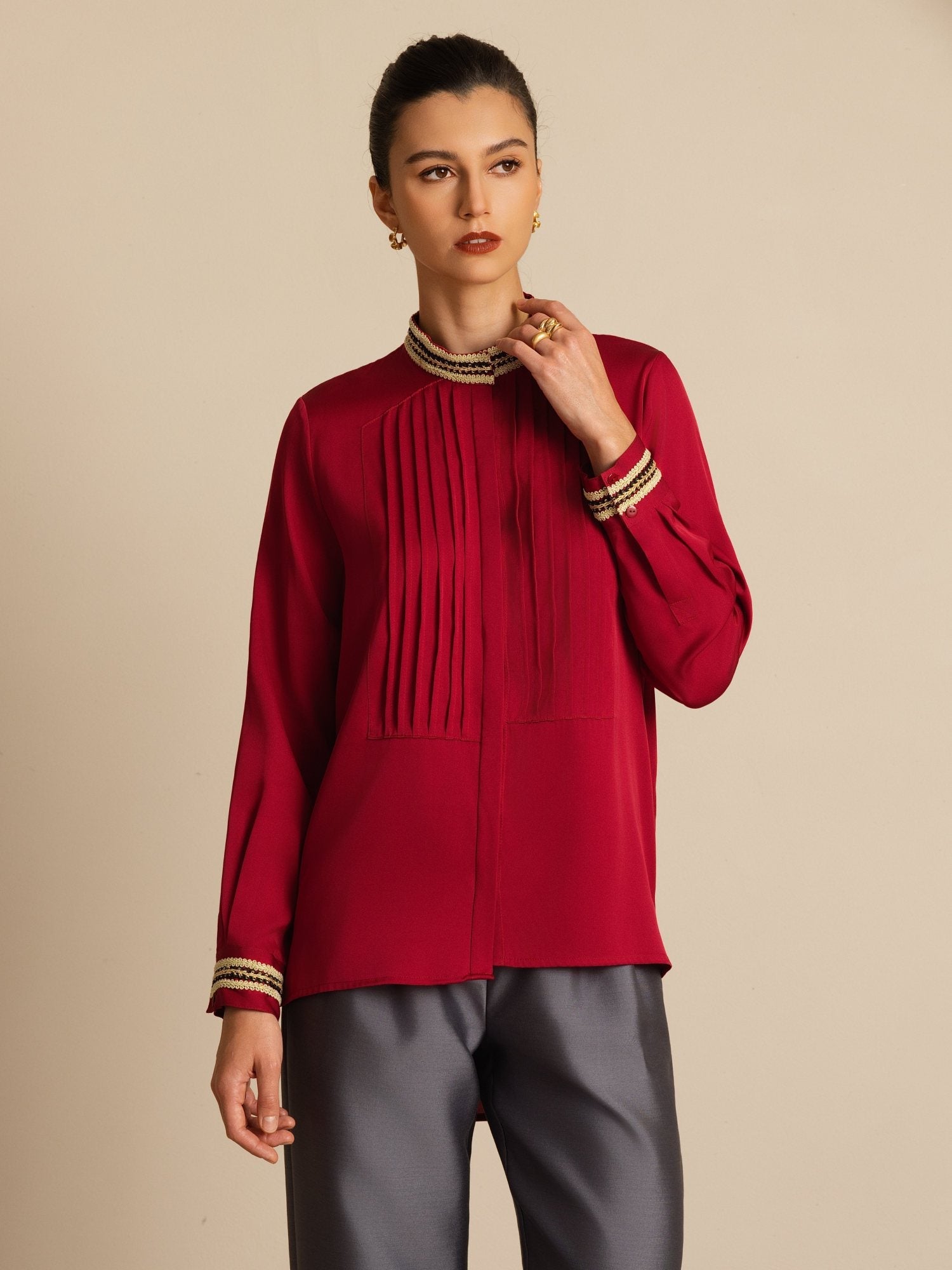 [خمر] SilkSilky-SA 19Momme الحرير الأكمام الطويلة ياقة القاع بلوزة 003