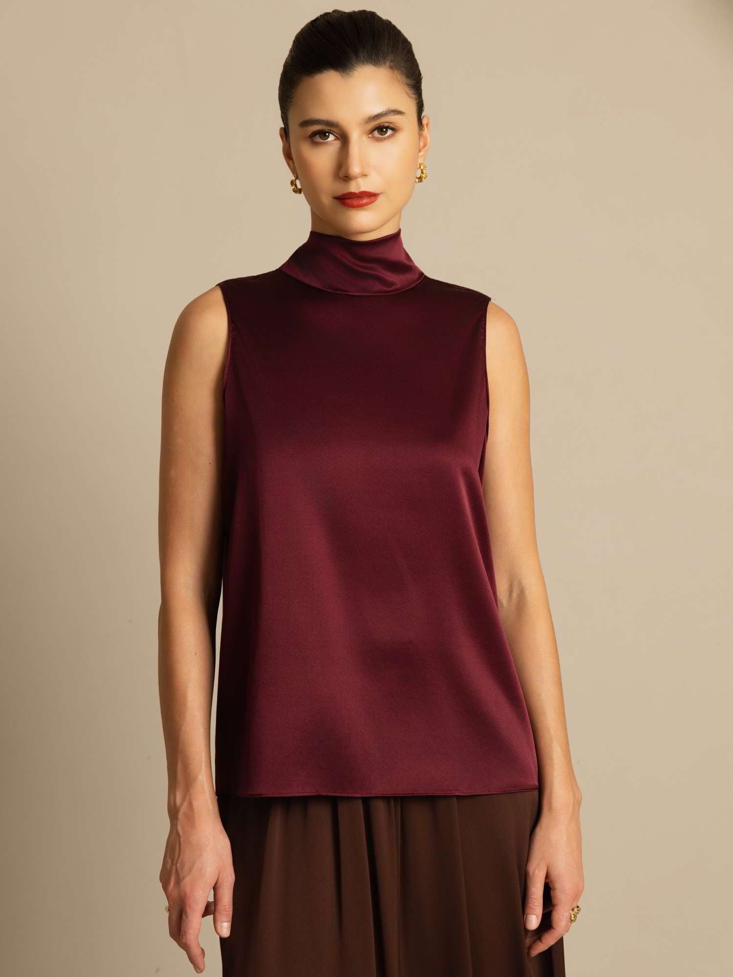 [احمر غامق] SilkSilky-SA 19Momme الحرير تعادل الرقبة بلوزة 006