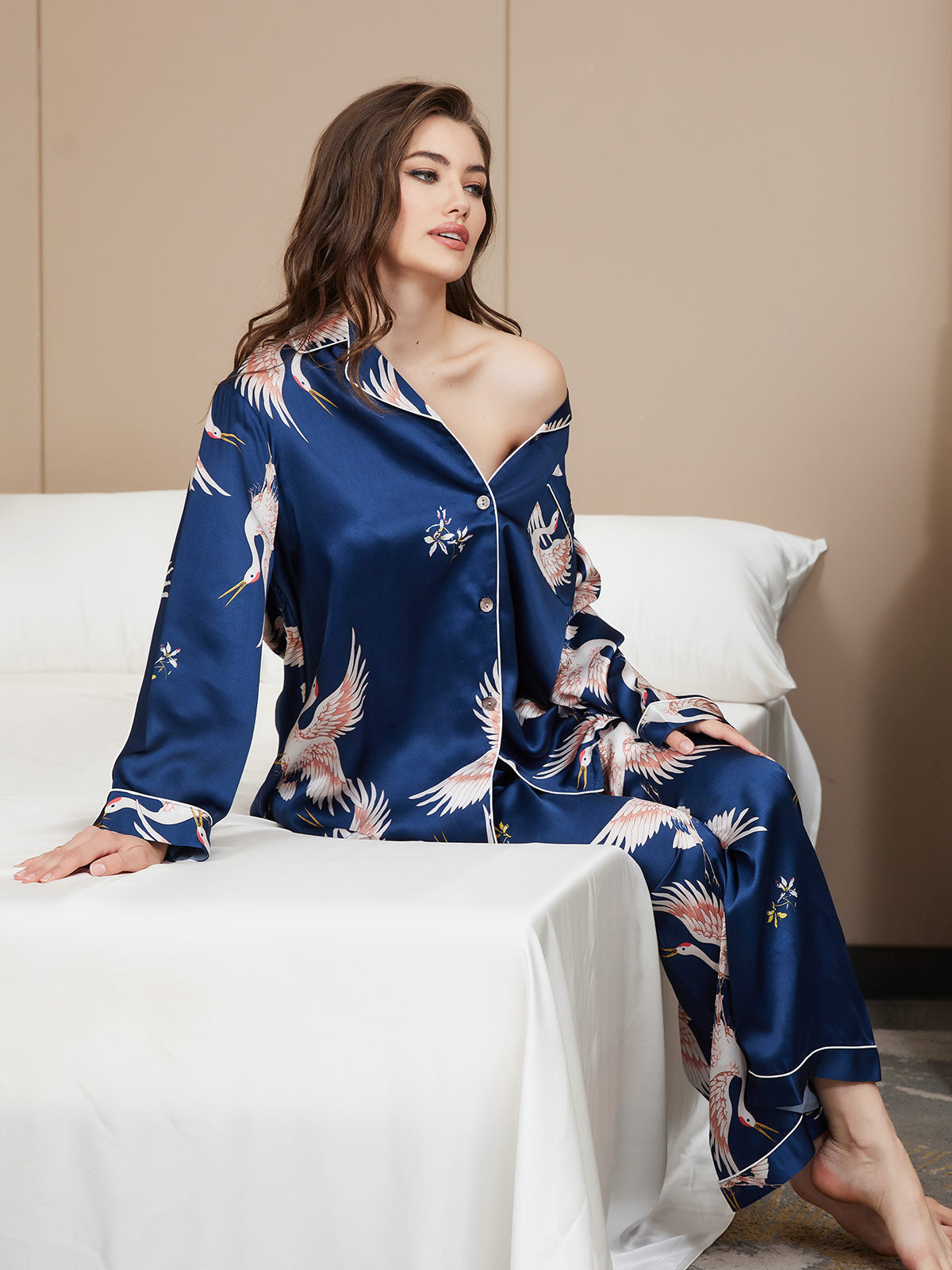 [أزرق غامق] SilkSilky-SA Long Sleeve Lapel Collar طقم بيجامة نسائي 002