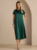 [أخضر غامق] SilkSilky-SA Short Sleeve Round Neck فساتين نسائية 001