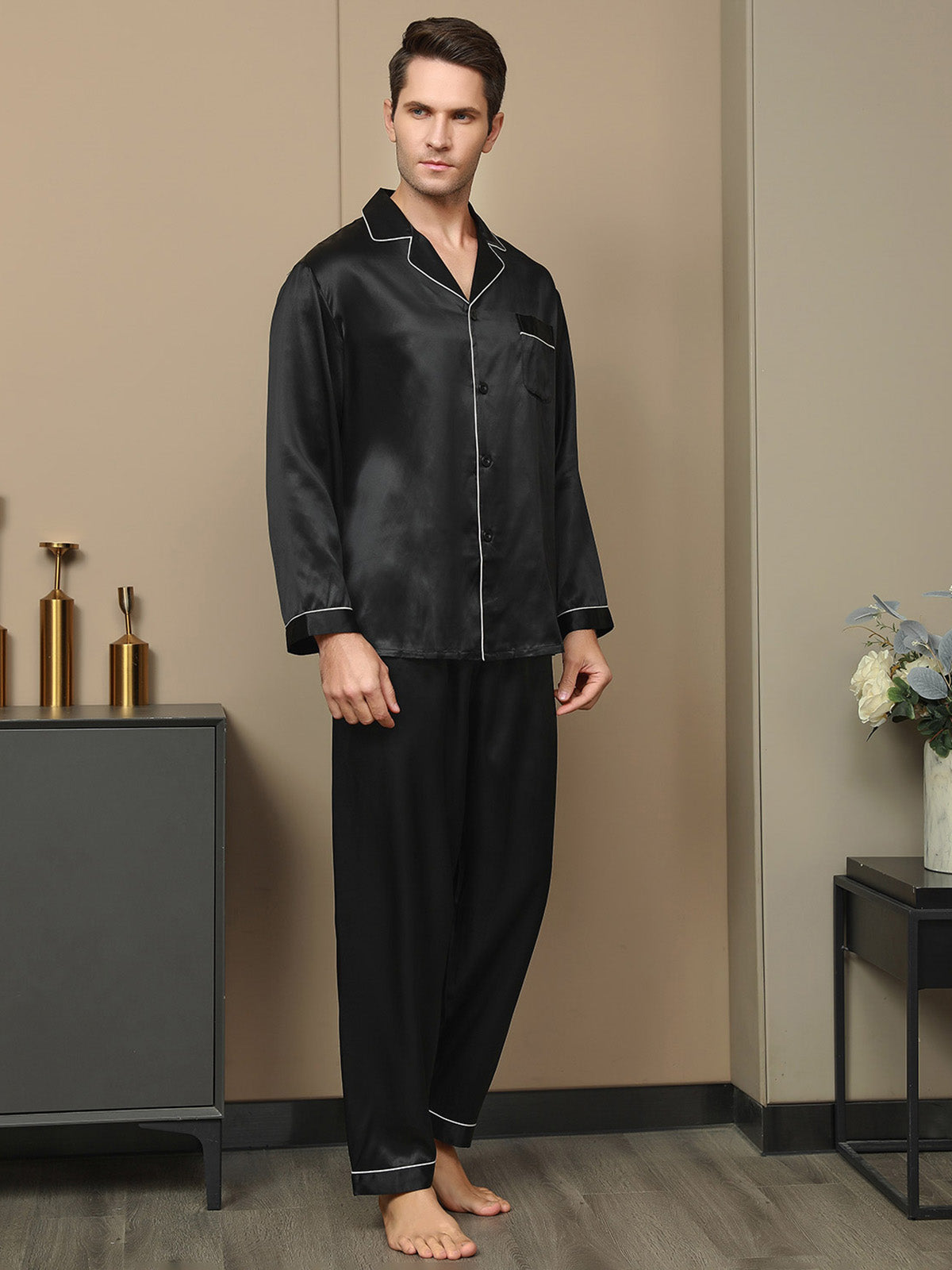 [أسود] SilkSilky-SA 19Momme الحرير الخالص Mens Pajamas 003