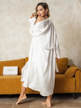 [أبيض] SilkSilky-SA Long Sleeve V Neck رداء الحمام وقميص النوم 004