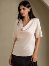 [اللون البيج] SilkSilky-SA Short Sleeve Cowl Neck بلوزات نسائية 001