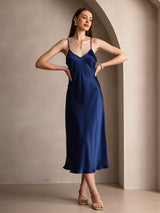 [أزرق غامق] SilkSilky-SA Sleeveless V Neck فساتين نسائية 004