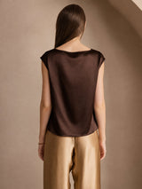 [شوكولاتة داكنة] SilkSilky-SA Cap Sleeve Cowl Neck تي شيرت نسائية 002