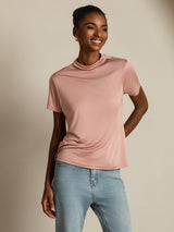 [لون القرنفل] SilkSilky-SA 100% Silk Jersey Short Sleeve ياقة نصف عالية تي شيرت نسائية 006
