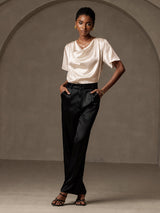 [اللون البيج] SilkSilky-SA Short Sleeve Cowl Neck بلوزات نسائية 005