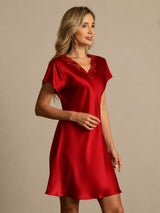 [احمر غامق] SilkSilky-SA Short Sleeve V Neck باس النوم 007
